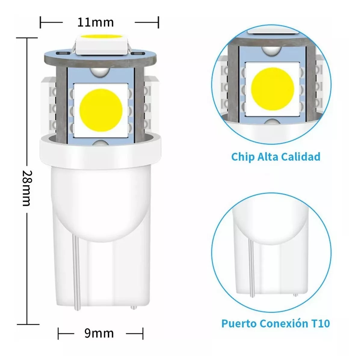 10pzs Foco Led Pellizco T10 Automotriz Lote Led 5050 Blanco