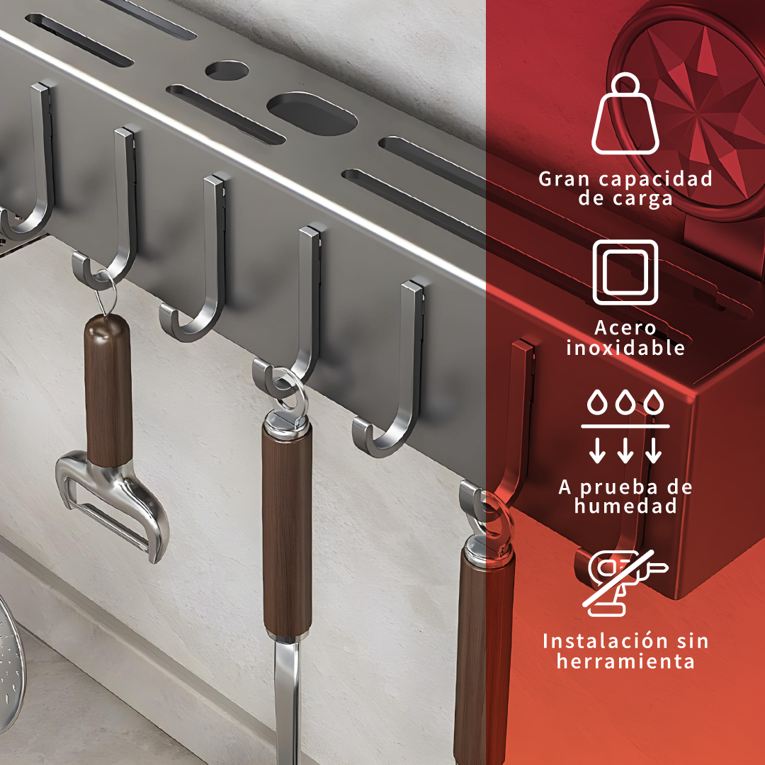 Repisa Base Organizadora De Utensilios De Cocina Con Ganchos