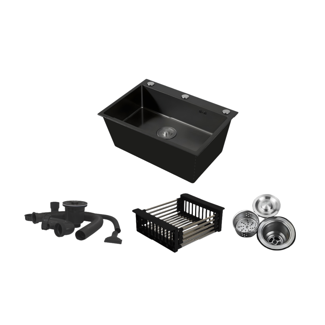 Fregadero Tarja de cocina de acero inoxidable con montaje superior y accesorios.
