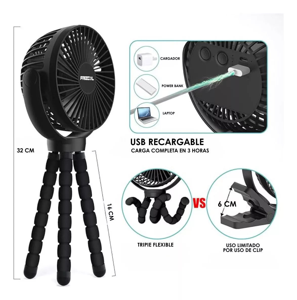 Ventilador Portatil Recargable Flexible Frizcol