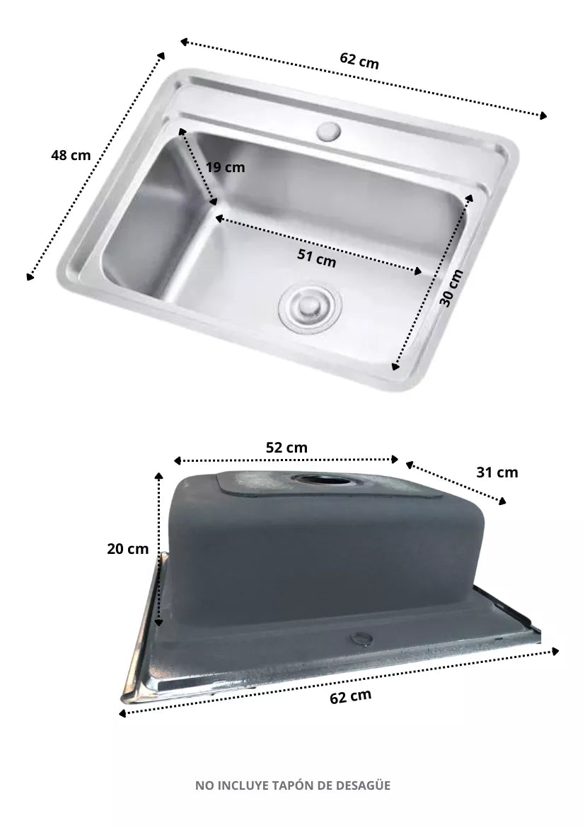 Tarja Fregadero Cocina Cubeta Plateado 62x48x20cm