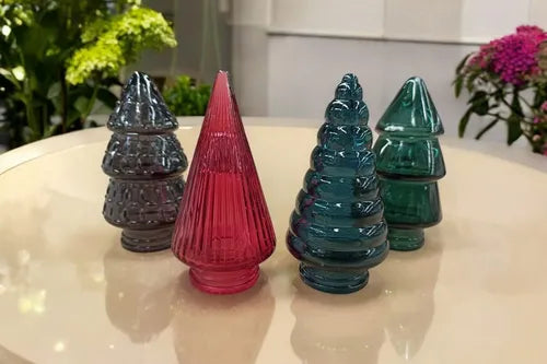 Set 4 Figuras Decorativas Navideñas Vidrio Pinos Texturizado