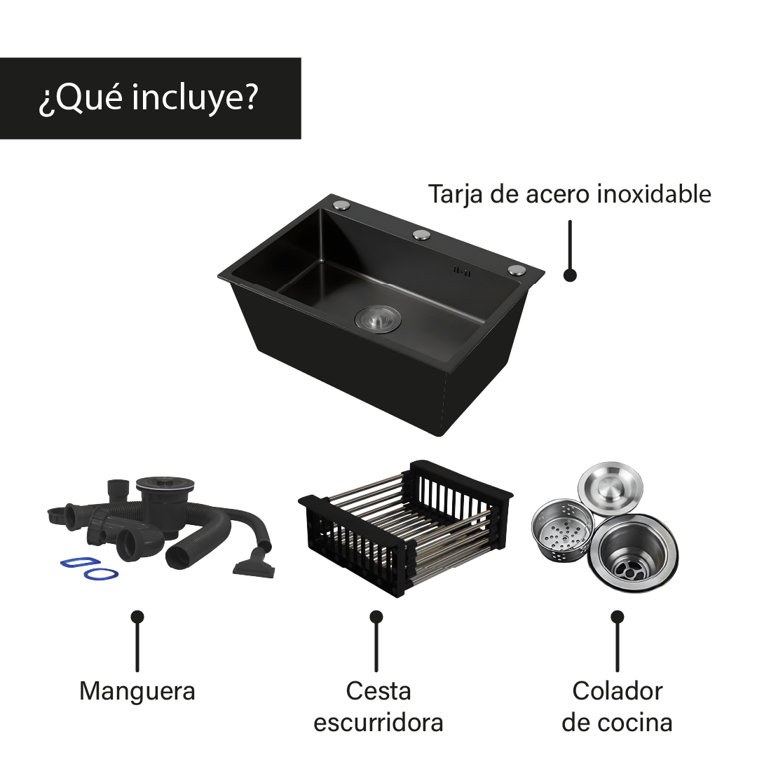 Fregadero Tarja de cocina de acero inoxidable con montaje superior y accesorios.