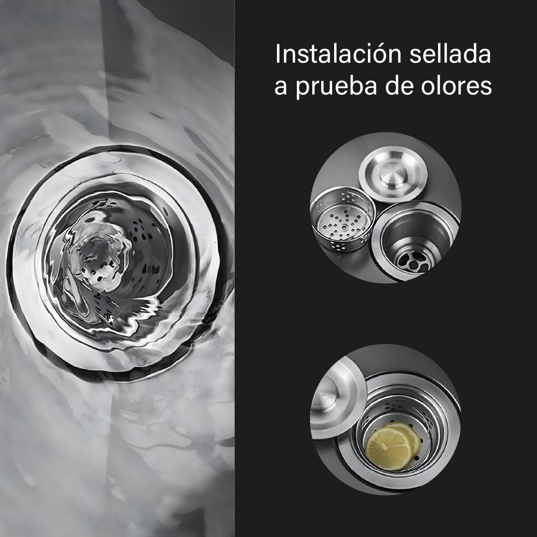 Fregadero Tarja de cocina de acero inoxidable con montaje superior y accesorios.