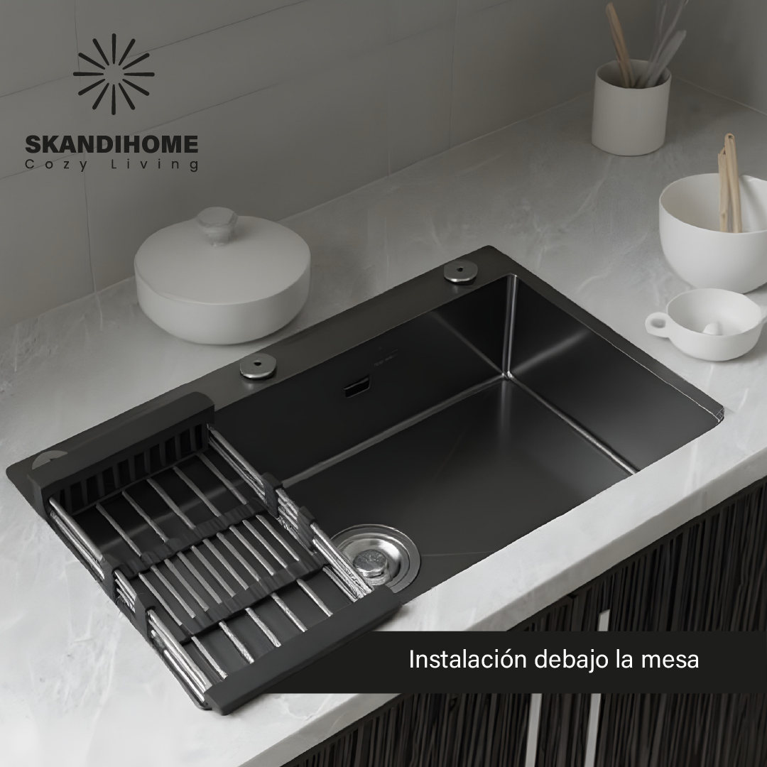 Fregadero Tarja de cocina de acero inoxidable con montaje superior y accesorios.