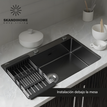 Fregadero Tarja de cocina de acero inoxidable con montaje superior y accesorios.