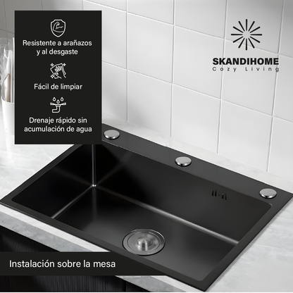 Fregadero Tarja de cocina de acero inoxidable con montaje superior y accesorios.