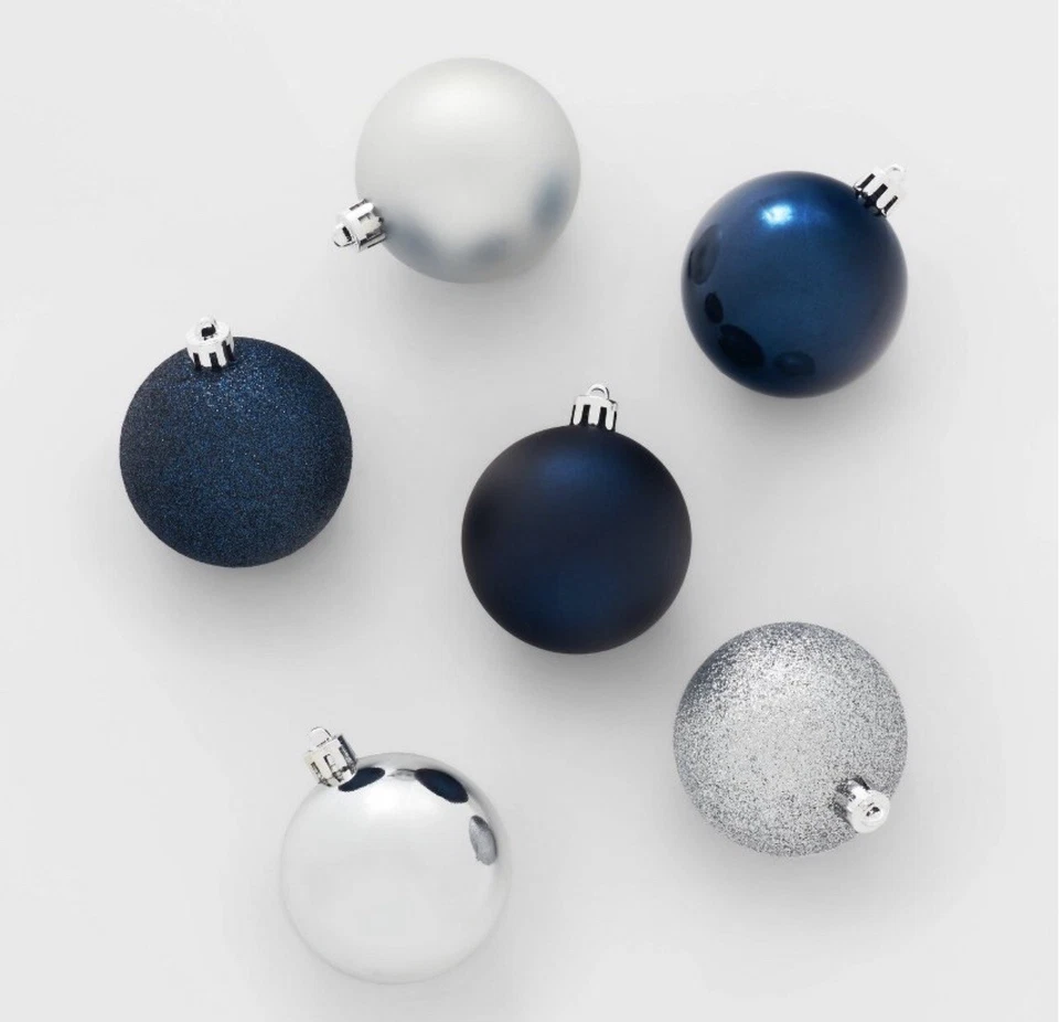 Set 50 Esferas Adornos Navideños Arbol Navidad Plastico Azul Plata Plateadas
