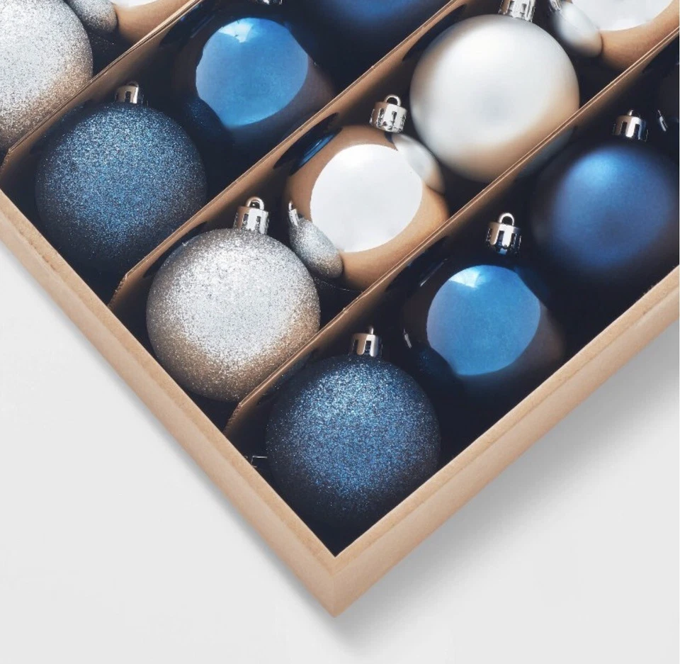 Set 50 Esferas Adornos Navideños Arbol Navidad Plastico Azul Plata Plateadas